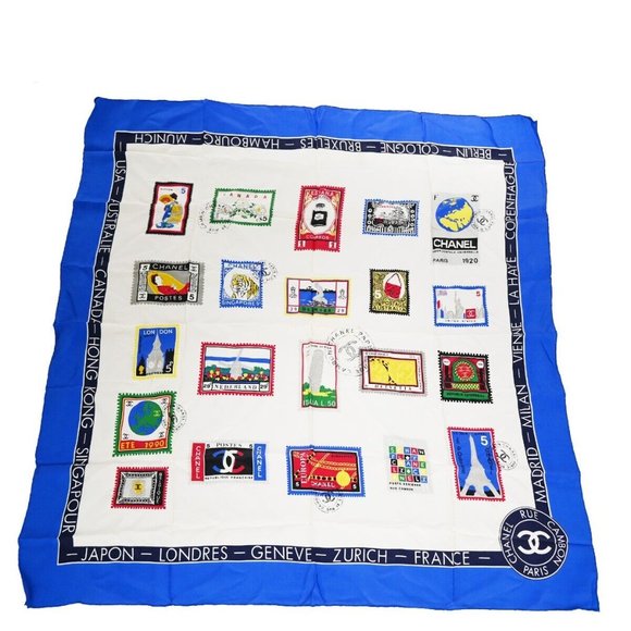 CHANEL CC Logo Stamp Pattern Scarf Handkerchief 100% Silk Blue Accessory 61RJ341 - Picture 1 of 11